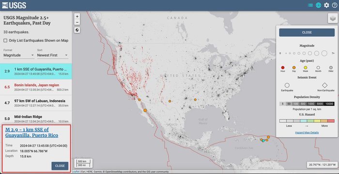 USGS Magnitude 2.5+ Earthquakes data, Past Day