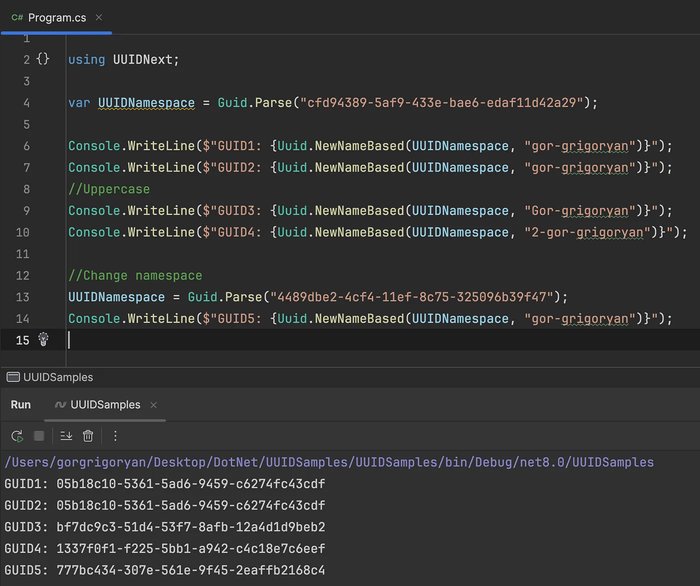 C# code example demonstrating UUID Version 5 namespace-based ID generation for consistent unique identifiers across distributed systems